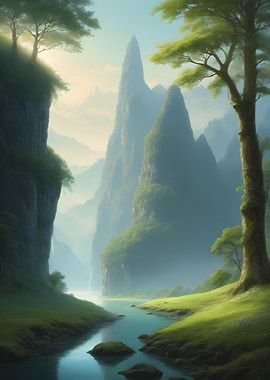 Misty Mountain River Landscape
