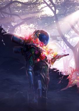 Astronaut holding a glowing flower