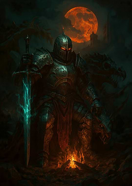 Dark Knight with Glowing Sword and Dragons