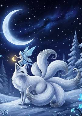 Fairy and Nine-Tailed Fox Under Moon