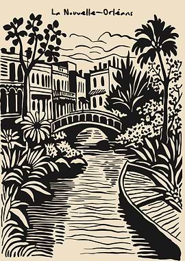 New Orleans Canal with Bridge and Buildings