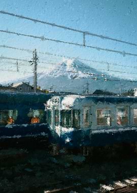 Train with Mount Fuji in Background