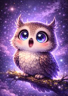 Cute Owl in Starry Night Sky