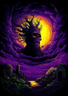 Skull Tree in a Purple and Yellow Sky