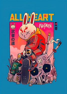 Sad Bunny Warrior with Skateboard and Swords