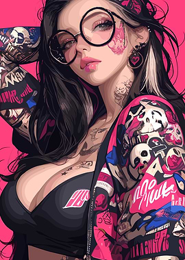 Punk Girl with Tattoos and Glasses