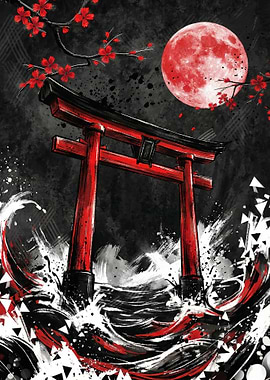 Red Torii Gate in Raging Water