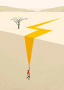 Man hanging from a yellow lightning bolt
