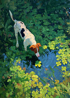Dog drinking from a pond