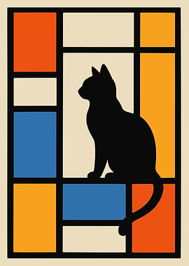 Black Cat in Mondrian Style Window