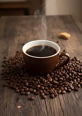 Steaming Coffee Cup with Beans