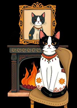 Cat on Chair by the Fireplace