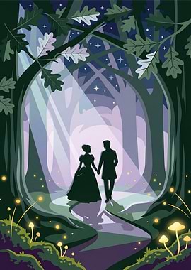 Couple walking in a magical forest