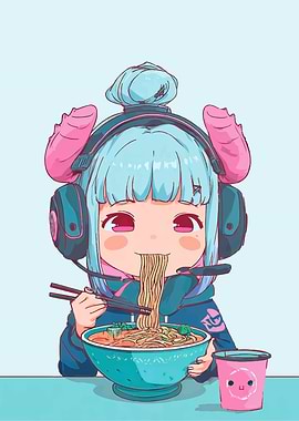 Anime Girl Eating Ramen with Headphones