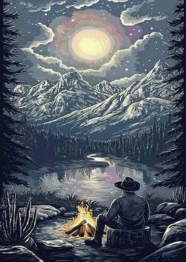 Man camping by a lake under the moon