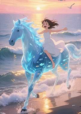 Girl Riding a Water Horse on the Beach