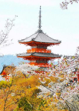 Japanese Pagoda with Cherry Blossoms