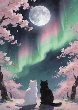 Cats Watching Aurora Borealis Under Cherry Blossoms