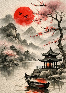 Great Art Japanese Landscape with Pagoda and Cherry Blossoms