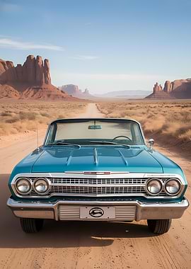 Classic Blue Convertible in Desert Landscape