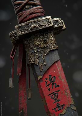 Ornate Japanese Sword with Red Scabbard