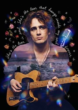 Musician with Guitar and Ocean Overlay