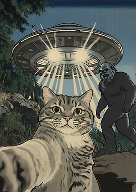 Fat Cat Takes Selfie with Bigfoot and UFO