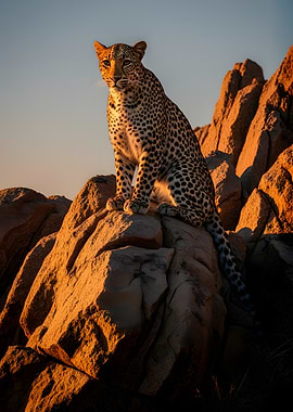 Leopard sitting on rocks at sunset