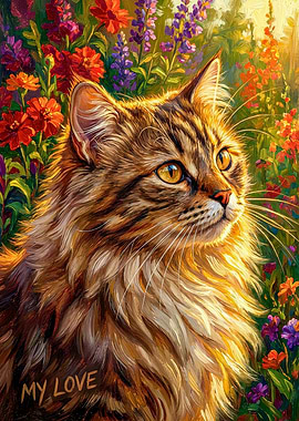 Fluffy Cat in a Flower Garden