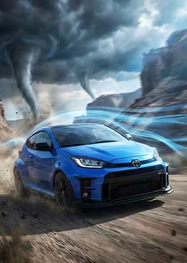 Blue Toyota GR Yaris in a Tornado
