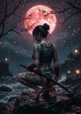 Samurai Woman Under Red Moon