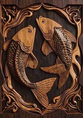 Wooden Carving of Two Koi Fish