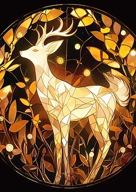 Stained Glass Deer in Autumn Forest