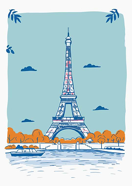 Eiffel Tower with River and Trees