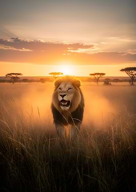 Lion in the African Savannah at Sunset