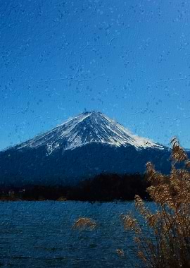 Snow-capped Mount Fuji over a lake