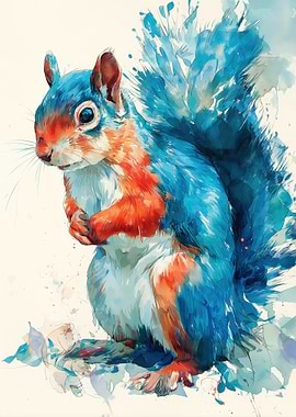 Watercolor Squirrel with Blue and Orange Fur
