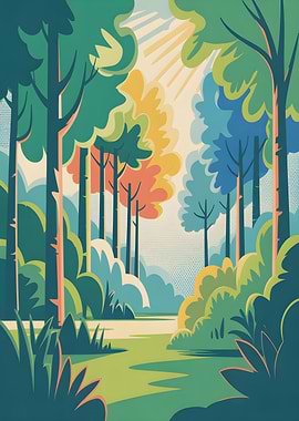 Stylized Forest Path with Sunbeams