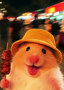 Hamster in a bucket hat with food