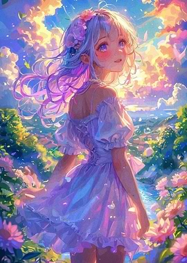 Anime Girl in Floral Landscape