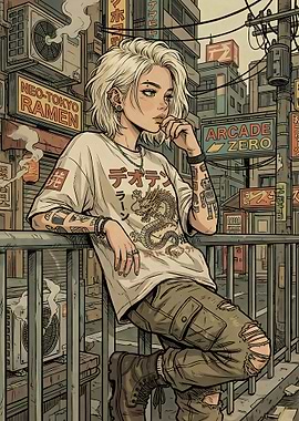 Neo-Tokyo Street Girl in Cyberpunk Anime City