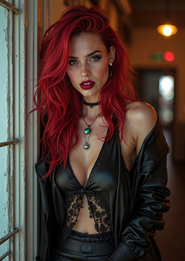 Woman with Red Hair in Black Outfit