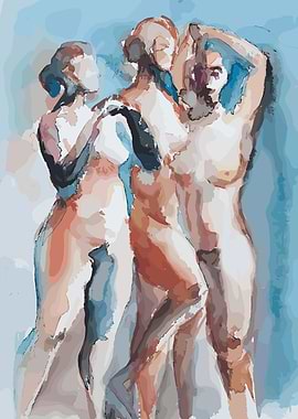Three Nude Figures in Watercolor