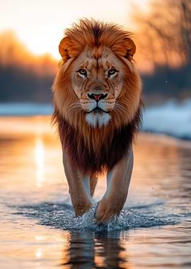 Majestic Lion Walking Through Water at Sunset