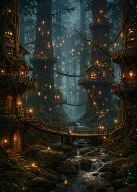 Enchanted Forest Village at Night