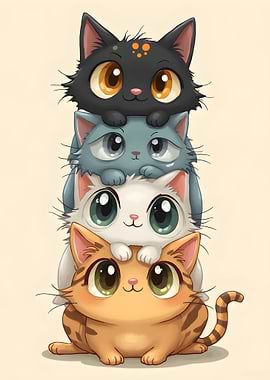 Cute Stacked Cats – Kawaii Cat Wall Art for Cozy Spaces
