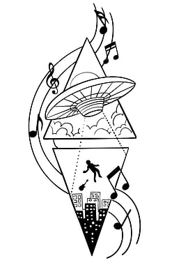 UFO Abduction and Cityscape with Music Notes