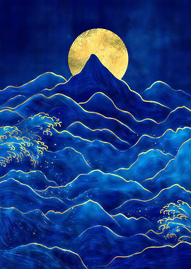 Golden Moon Over Blue Waves