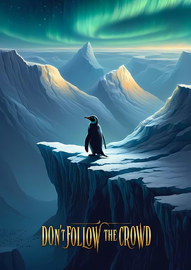 Penguin on an icy cliff under aurora