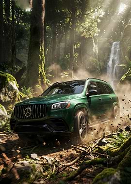 Green Mercedes-AMG GLS 63 SUV driving through forest